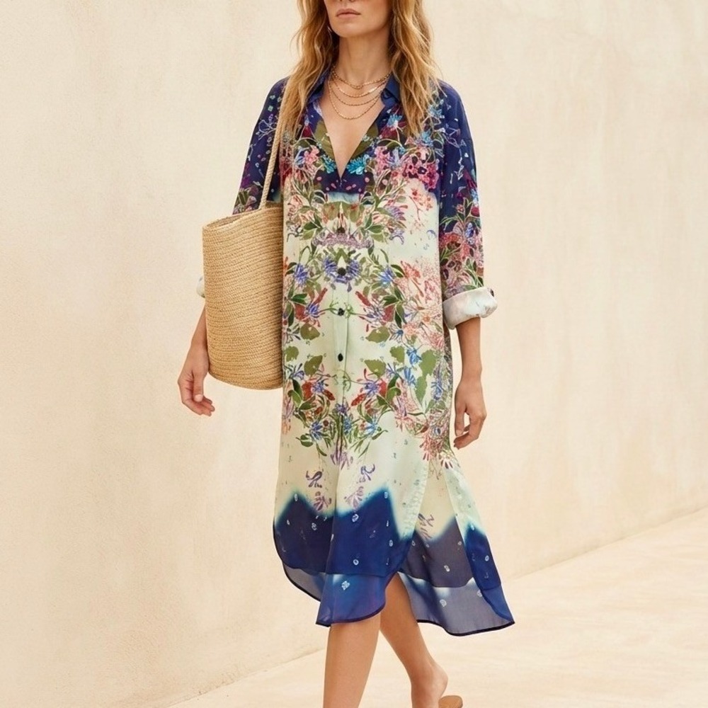 Vintage Givenchy Paris Silk Floral Shirt Dress Size L Large Archival 90s Boho
